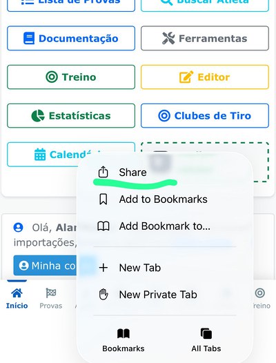 Safari: menu aberto com a opção Compartilhar na barra inferior