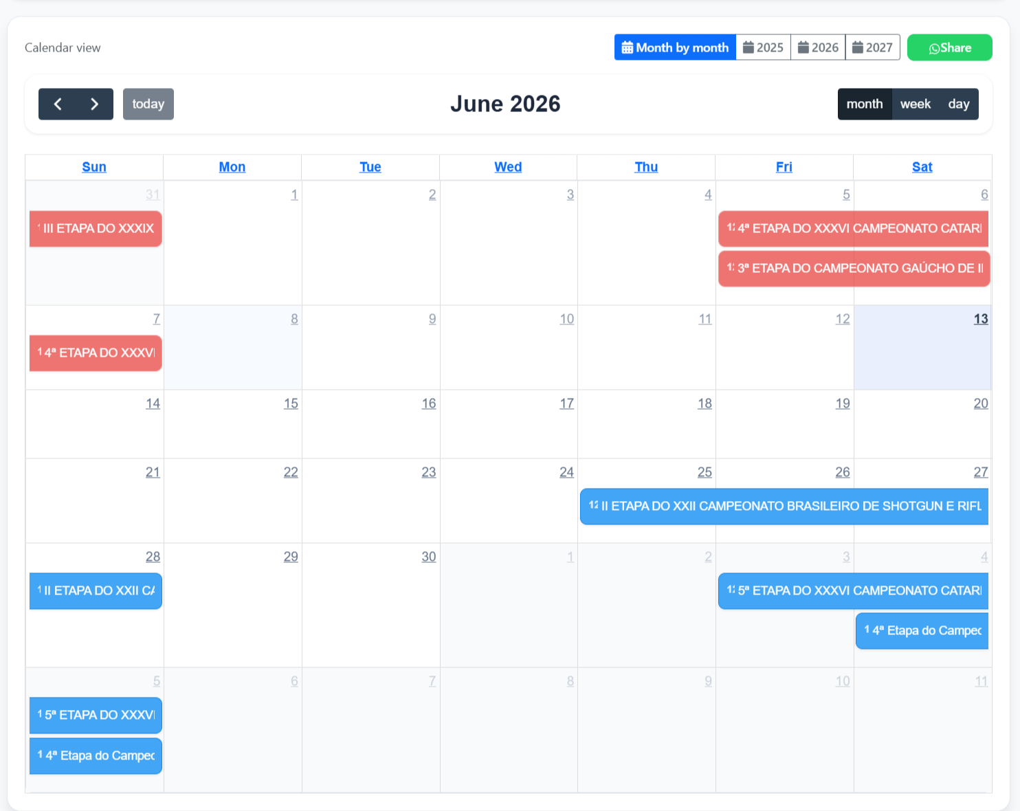 Calendar view June 2026 with regional and national stages