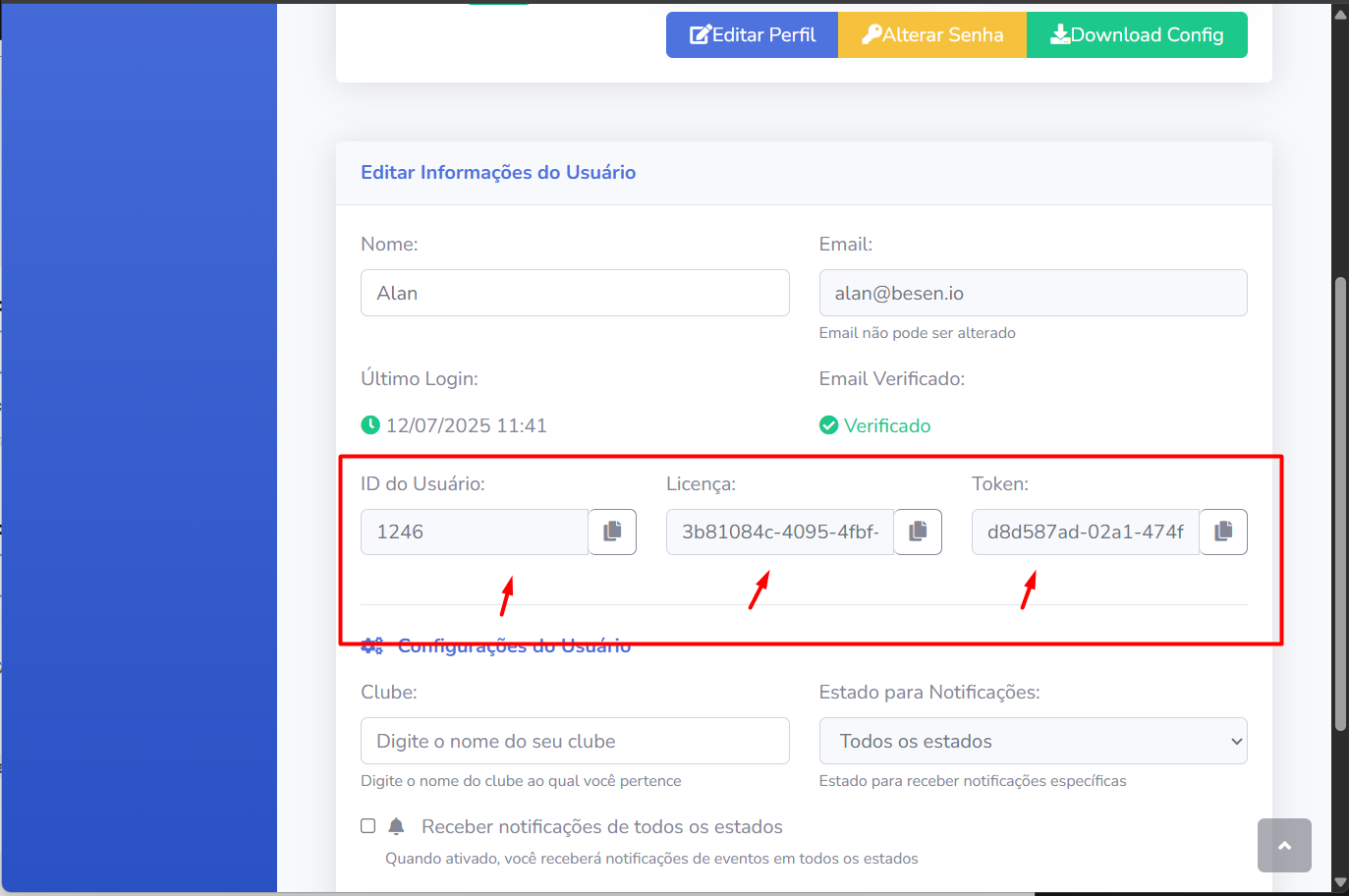 Credenciais Licença, Token e User ID no perfil