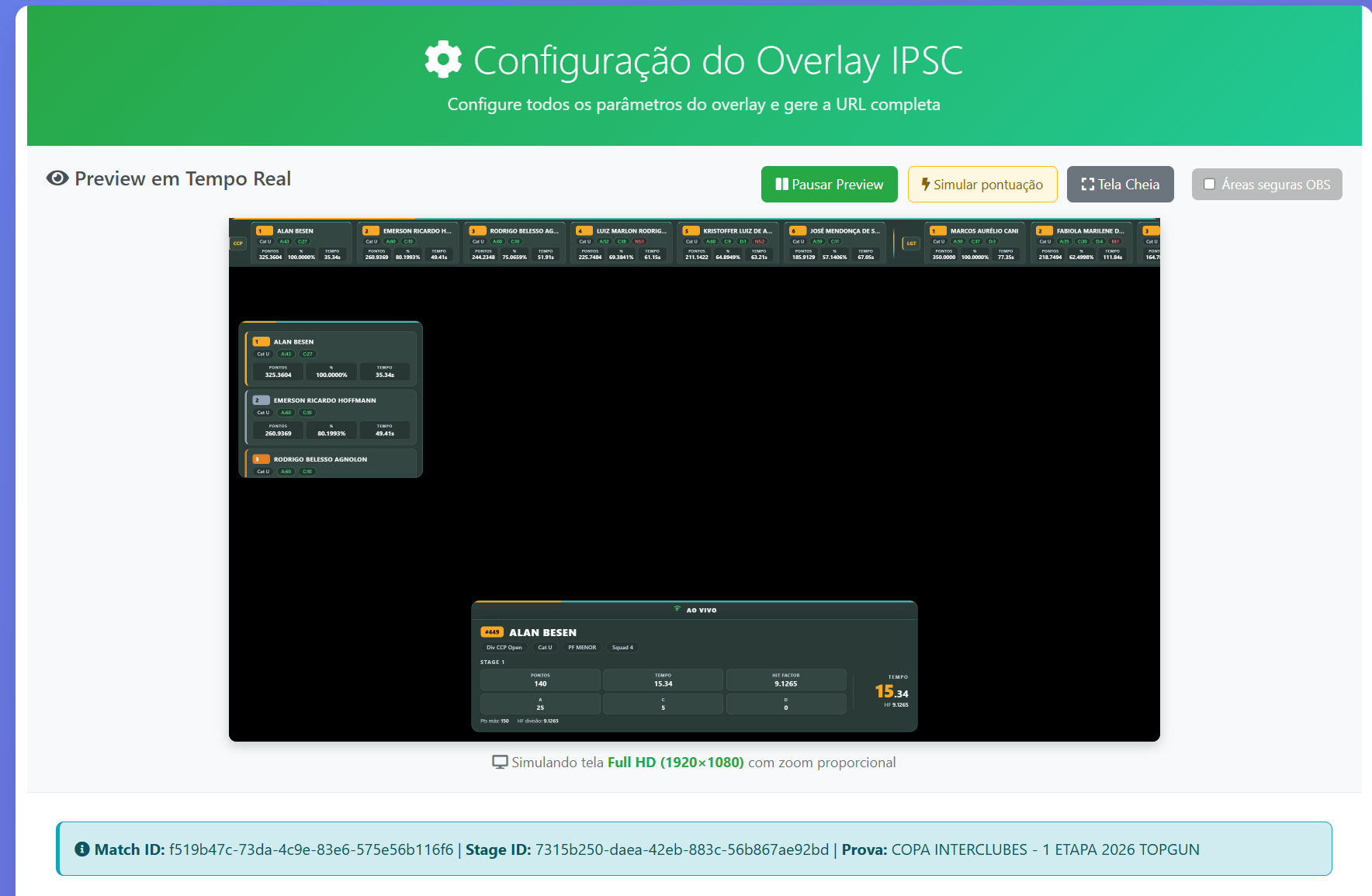 Preview with Simulate scoring — LIVE shooter card (points, time, HF, A/C/D), top bar and CCP Open widget; Pause and Full Screen buttons