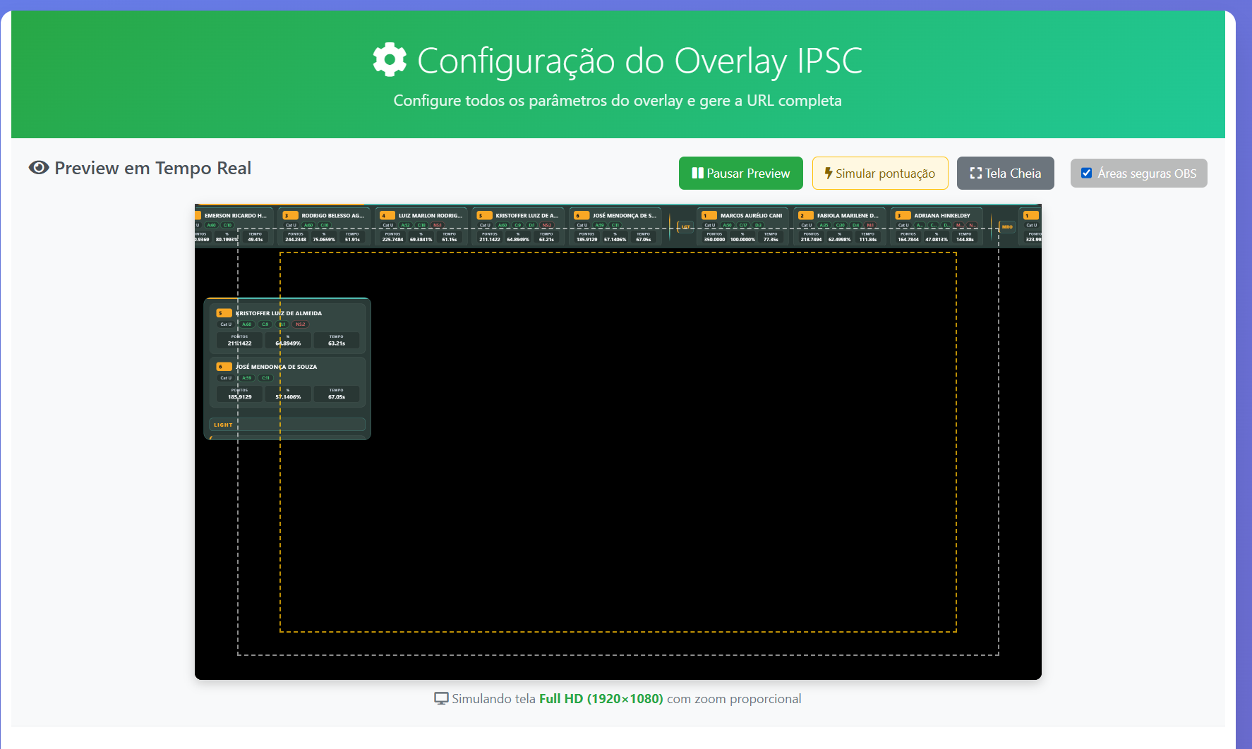 Preview with OBS safe areas — scrolling top bar, side cards, LIVE last-shooter panel (HF, A/C/D, time) and dashed 1920×1080 guides