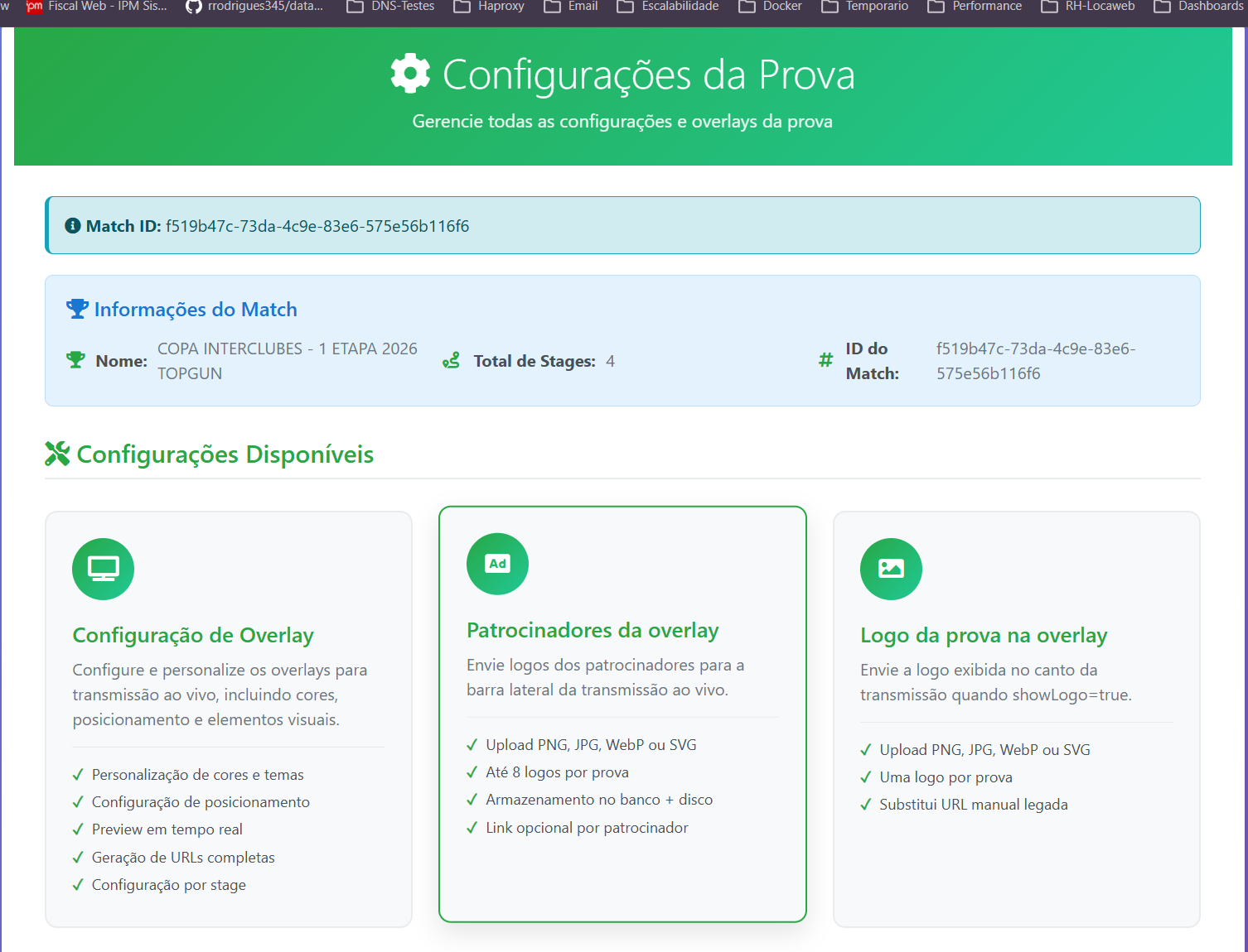 Índice Configurações da prova — atalhos visíveis para Configuração de Overlay, Patrocinadores (até 8 logos) e Logo da prova na transmissão