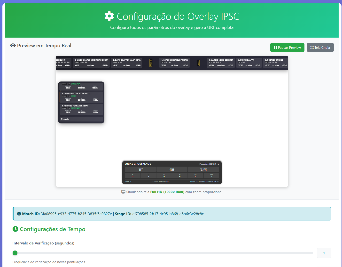 Configuração de overlay no painel — layouts, cores e identidade da prova