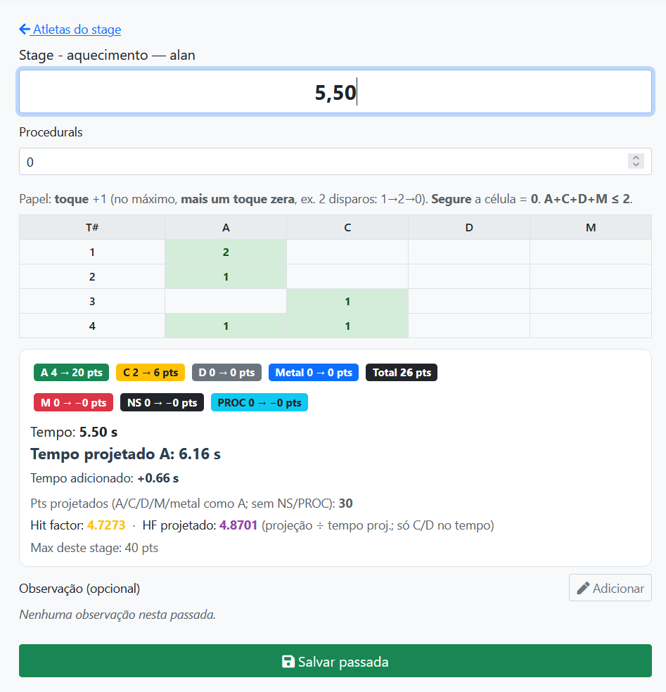 Formulario de aprobación con cuadrícula A/C/D/M y factor de acierto calculado